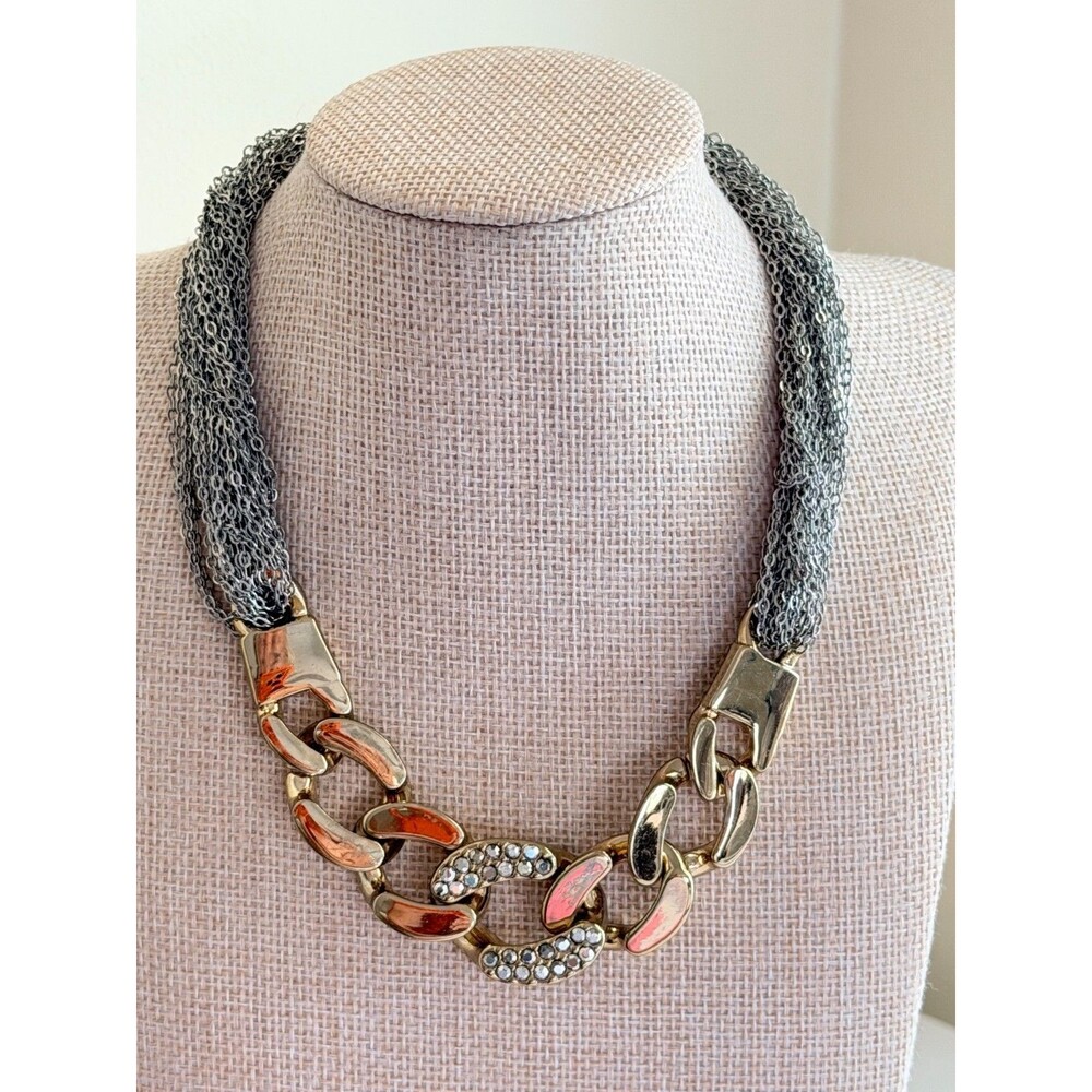 Express Mixed Metal Chunky Gold Chain Rhinestone Multi Strand Mesh Collar